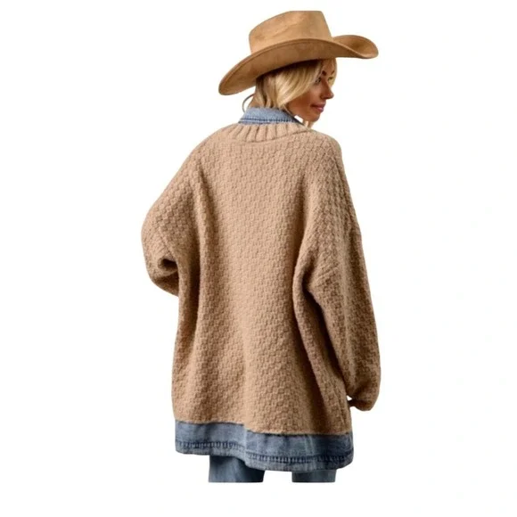 BIBI NWT SZ LGE Denim Trucker Cardigan Sweater Combo Tan Knit Oversized Layering - Picture 3 of 16
